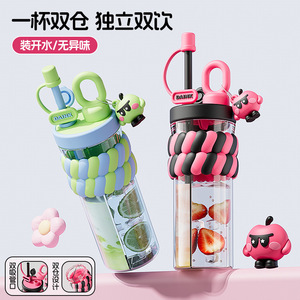 Stylish Dual-Straw Water Bottle 720ml Silicone Grip Cartoon Sports Bottle Portable With Lid And Straw For Daily Use - Product Image 2
