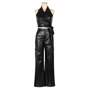 <b>Sexy</b> PU Leather Sleeveless Halter Top Leather Pants Ladies Two Piece <b>Set</b> Fashion - Product Image 5
