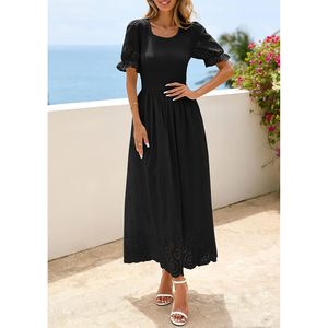 Vestido Maxi de Mujer con Ojales y Fruncido, Cuello Redondo, Manga Abullonada, Estilo Bohemio, para Fiesta, Fluido, de Verano, con Bolsillos, Tejido Transpirable - Product Image 3