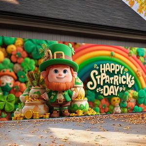 Bannière de porte de garage pour la fête de la Saint-Patrick, grande décoration, avec lutin et arc-en-ciel, personnalisable pour l'extérieur - Product Image 5