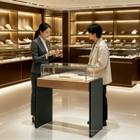 Vitrine à bijoux moderne et élégante avec dessus en bois clair, panneau latéral foncé, armoire en verre transparent avec éclairage LED chaud intégré pour la vente au détail de bijoux