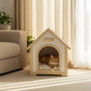 Maison pour animaux de compagnie en cèdre massif de style <span class=keywords><strong>cabane</strong></span> jaune crème pour l'intérieur, maison en bois naturel pour chats - Product Image 2