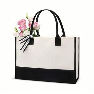 Sac en toile personnalisé pour femmes, broderie noire et blanche, extra large, en coton, avec fermeture éclair, pour le shopping, les mariages, les anniversaires, la plage, les cadeaux - Product Image 1