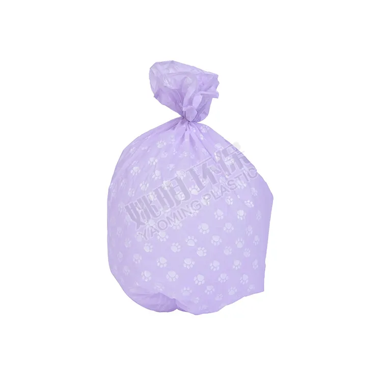 Bolsa de impresión de huella de perro de color púrpura, bolsas biodegradables para caca de Mascota