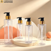 Flacon à pression plat transparent en PET 100ml 120ml 150ml 200ml 250ml 300ml 400ml 500ml avec pompe dorée pour lotion et shampoing
