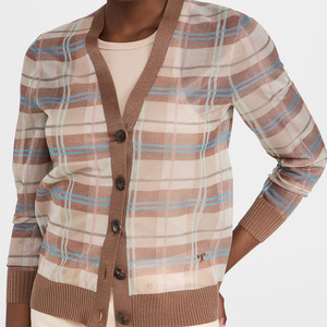 Wholesale <b>Women's</b> Fashion Long Sleeve <b>Cardigan</b> Silk V-Neck <b>Crop</b> Knit Pullover with Plaid Print Casual Style Winter Wear - Product Image 2