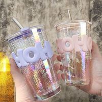 Gobelet en verre à lettres, style Ins, grande capacité, pour la maison, le bureau, café, jus, avec paille