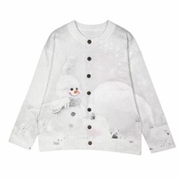Cardigan en tricot personnalisé avec imprimé bonhomme de neige de Noël pour femmes, fabrication OEM ODM, col rond surdimensionné, manches longues, vente en gros