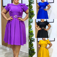 D583 Robes d'Été Tendance pour Femmes, Décontractées à Col Claudine, Manches Courtes, Volants, Coupe A-Line, Robe de Bureau Formelle pour Femmes, Carrière