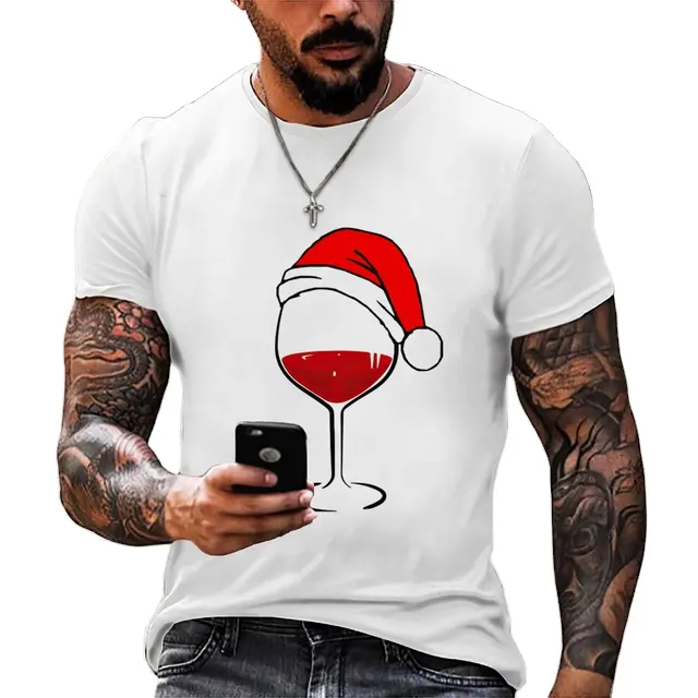 Gelas Anggur Pria Topi Natal Putih Hitam T Shirt Natal Hadiah Xmas Kartun Tops Tshirt Harajuku Fashion Tahun Baru T-shirt 6XL