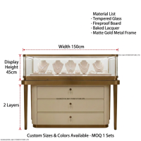 Vitrine de présentation de bijoux de luxe en or brossé, vitrine de magasin de bijoux en verre trempé, présentoir en verre autoportant