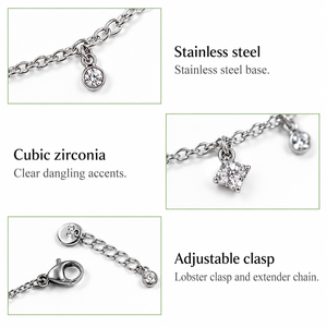 Dangling Cubic Zirconia <b>Charm</b> <b>Bracelet</b>, Stainless Steel Fine Chain with Round and Cluster Drops, Gold and <b>Silver</b>-Tone Options - Product Image 4