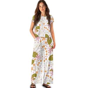 ชุดสูทกางเกงขาบานแขนสั้นพิมพ์ลายดอกไม้สไตล์โบฮีเมียร์ทรงหลวมใส่สบายสำหรับผู้หญิง - Product Image 4