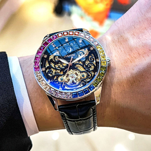 Orologio Meccanico Automatico da Uomo 2026 con Grande <span class=keywords><strong>Volano</strong></span> Tempestato di Diamanti e Cinturino Scheletrato con Fibbia a Farfalla - Product Image 1