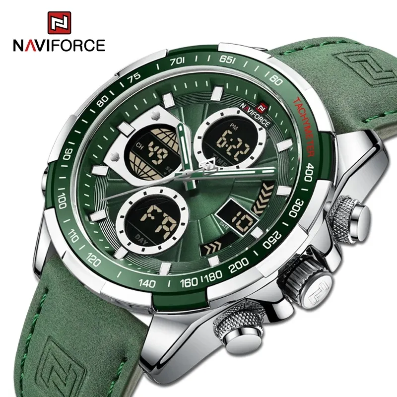 NAVIFORCE 9197L SGNGN Men Leather Watches Casual Fashion Waterproof Lcd Digital Week Display Calendar wristwatch Relogio