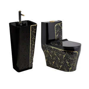 金色大理石黑色浴室冲刷S陷阱厕所套装一体式带水槽的马桶