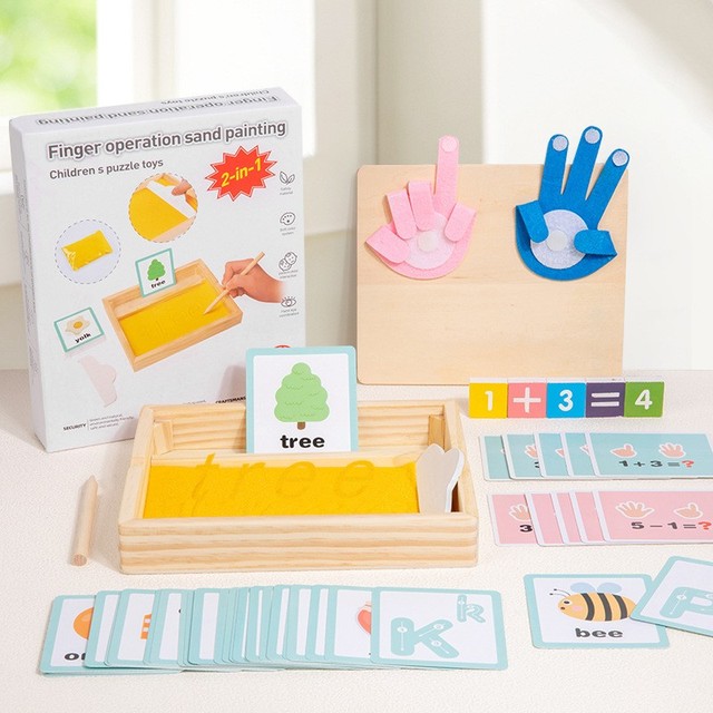 Wholesale 2-in-1 Finger Math Sand Art Kit with Finger Counting Alphabet Number Cards Educational Montessori Wooden Math Toy