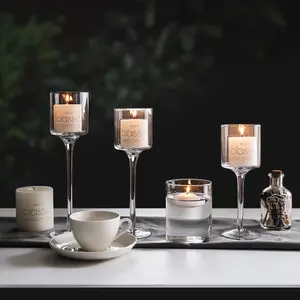 WJJ elegante conjunto de 3 castiçais decorativos de mesa tealight de vidro barato para casamento