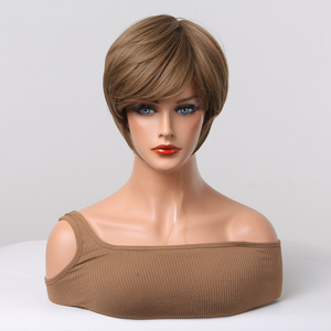 Marrón para Ombre Short Pixie Bob <span class=keywords><strong>Peluca</strong></span> sintética con capas naturales Flequillo Fibra de alta temperatura Hombres Mujeres Estilo Yaki Foto <span class=keywords><strong>real</strong></span> - Product Image 2