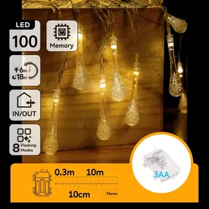 Guirnalda de luces LED en forma de gota de lluvia, 10 m, alimentación por pilas 3AA, luz blanca cálida, ideal para decoración y - Product Image 1