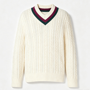Custom Logo OEM ODM Men's Cable Knit V-Neck <b>Jumper</b> GOTS Cotton <b>Thick</b> Winter Pullover Regular Sleeve Knitted Sweater - Product Image 1