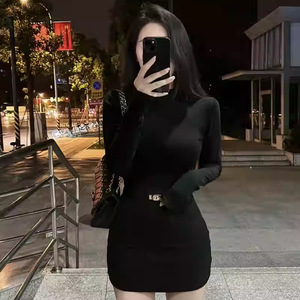 High Neck Bodycon Dress Women Autumn Long Sleeve Slim Fit Black Solid Color Tight Waist Hip Hugging Short Skirt - Product Image 4