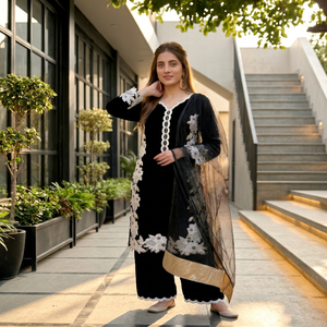 Black White Embroidered <b>Kurta</b> Set With Dupatta <b>Women</b> Ethnic Wear Indian Pakistani Traditional Party Dress - Product Image 1