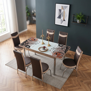 Modern 6-Piece <b>Dining</b> Room Set with Extendable <b>Foldable</b> Wood Frame Tempered Glass <b>Table</b> Red <b>Chairs</b> <b>for</b> Home Use - Product Image 4