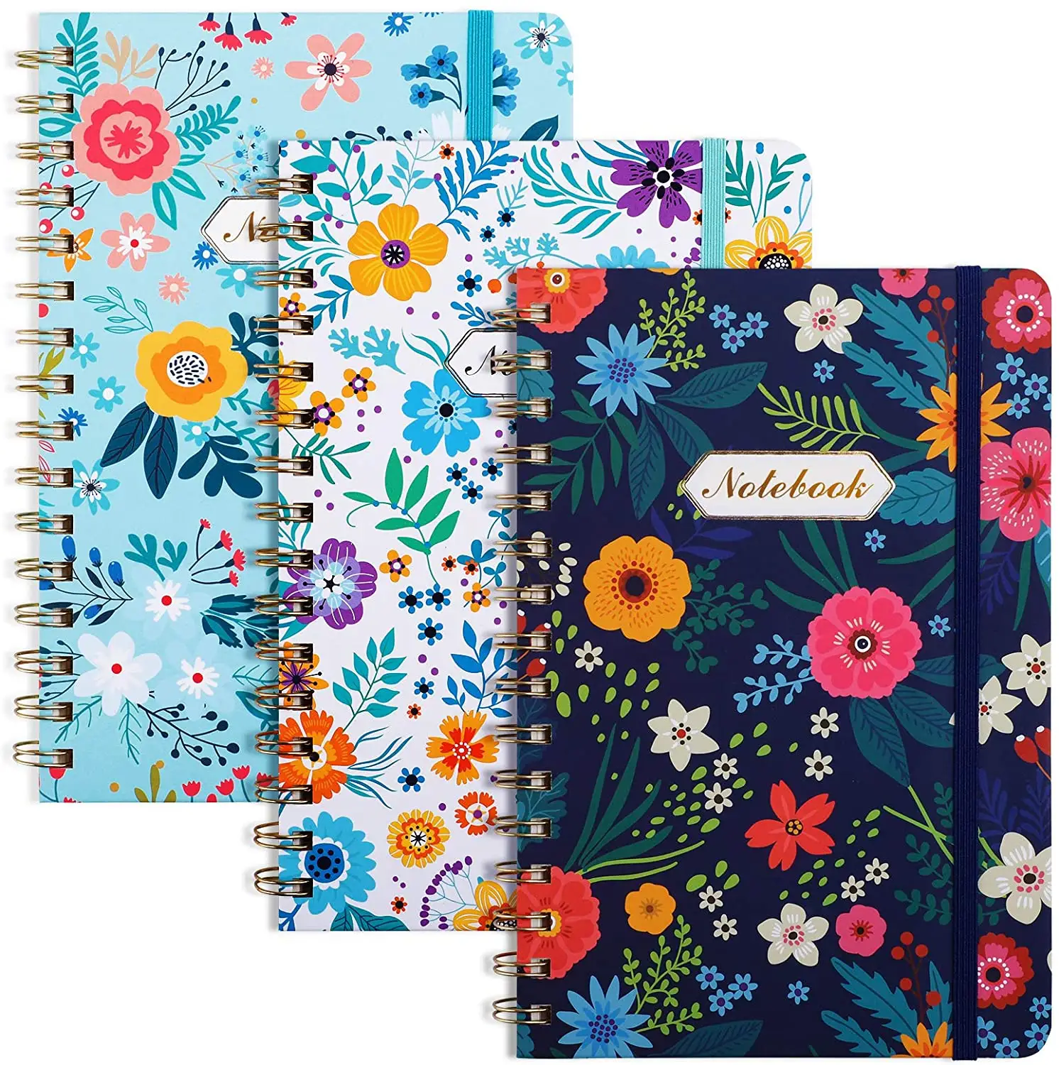 A5 Spiral Notebook Ruled Journal 160 Pages Cute Blooming Flora Twin-Wire Binding Back Pocket