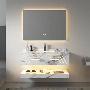 Cutomzoed modern marmer terpasang di dinding kamar mandi furnitur wastafel cermin penyimpanan lemari set wastafel handuk kamar mandi Vanity