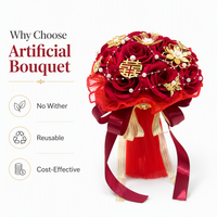 Ramo de mano nupcial rojo para boda con rosas artificiales y perlas, adorno para fiesta, estilo chino, accesorio para fotos de matrimonio, decoración