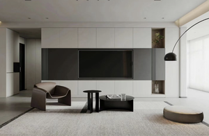 Meuble TV mural moderne minimaliste avec éclairage LED, panneau en bois massif, réglable, pour chambre à coucher, salon, usage extérieur, hall - Product Image 6