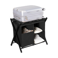Soporte para maletas plegable de acero de fábrica personalizado con estante de almacenamiento, paquete de 2 portaequipajes y bolsa de lavandería para hoteles y hospitales