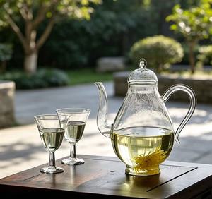 Pichet et théière en verre transparent soufflé à <span class=keywords><strong>la</strong></span> main, personnalisables, avec poignée, pour <span class=keywords><strong>la</strong></span> cuisine domestique quotidienne et <span class=keywords><strong>la</strong></span> préparation du thé (vente en gros) - Product Image 1