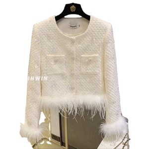 High Quality Ladies Tweed Jackets Sequin <strong>Feather</strong> Cropped <strong>Tops</strong> Buttons Fashion Luxury Elegant Woolen Short Blazer Coats for Women - Product Image 4