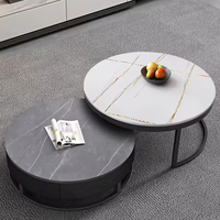 Table Basse Ronde Extensible en Bois avec Plateau en Marbre, Design Moderne et Luxueux, avec Tiroir, pour Salon, Meuble de Maison, Noir, Collection 2025