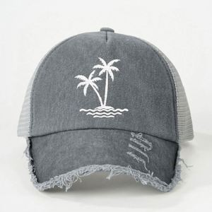 Gorra trucker de verano para exteriores con protección solar, bordado de árbol de coco, tela de malla lavada de alta calidad, gorra trucker desgastada - Product Image 5