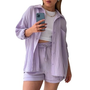 <strong>Women's</strong> Summer Cotton Beach Outfit Set <strong>Short</strong> Sleeve Muslin Blouse and <strong>Shorts</strong> Solid Pattern Casual Style Above <strong>Knee</strong> <strong>Length</strong> - Product Image 5