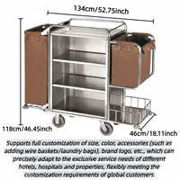 Chariot de nettoyage portable en acier inoxydable robuste avec 3 étagères, sacs à linge pour l'entretien hôtelier OEM