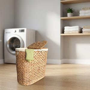 Panier de rangement ovale en jacinthe d'eau naturelle avec couvercle et poignées pour le rangement du linge, style rustique - Product Image 2