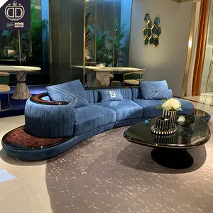 豪华真皮家庭大厅沙发沙发弧形沙龙客厅蓝色弧形组合沙发带茶几
