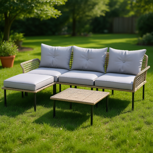 <b>Rattan</b> Garden Set 5 Piece Light Gray <b>Sofa</b> Chaise Lounge Coffee Table Outdoor Furniture with Cushions Contemporary Style - Product Image 2
