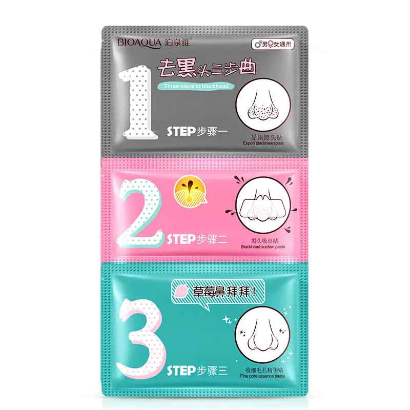 BIOAQUA – patch pour les points noirs, masque nasal, patch nasal en trois étapes pour aspirer les points noirs et rétrécir les pores, soins cosmétiques de la zone T