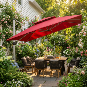 Grand <span class=keywords><strong>parasol</strong></span> moderne anti-<span class=keywords><strong>UV</strong></span> à double toit carré rouge avec manivelle pour extérieur et plage - Product Image 3