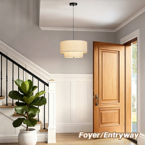Modern Double Drum Fabric Pendant <b>Light</b> E26 <b>LED</b> Adjustable Height For Living Room Kitchen Bedroom <b>Ceiling</b> Mount - Product Image 3