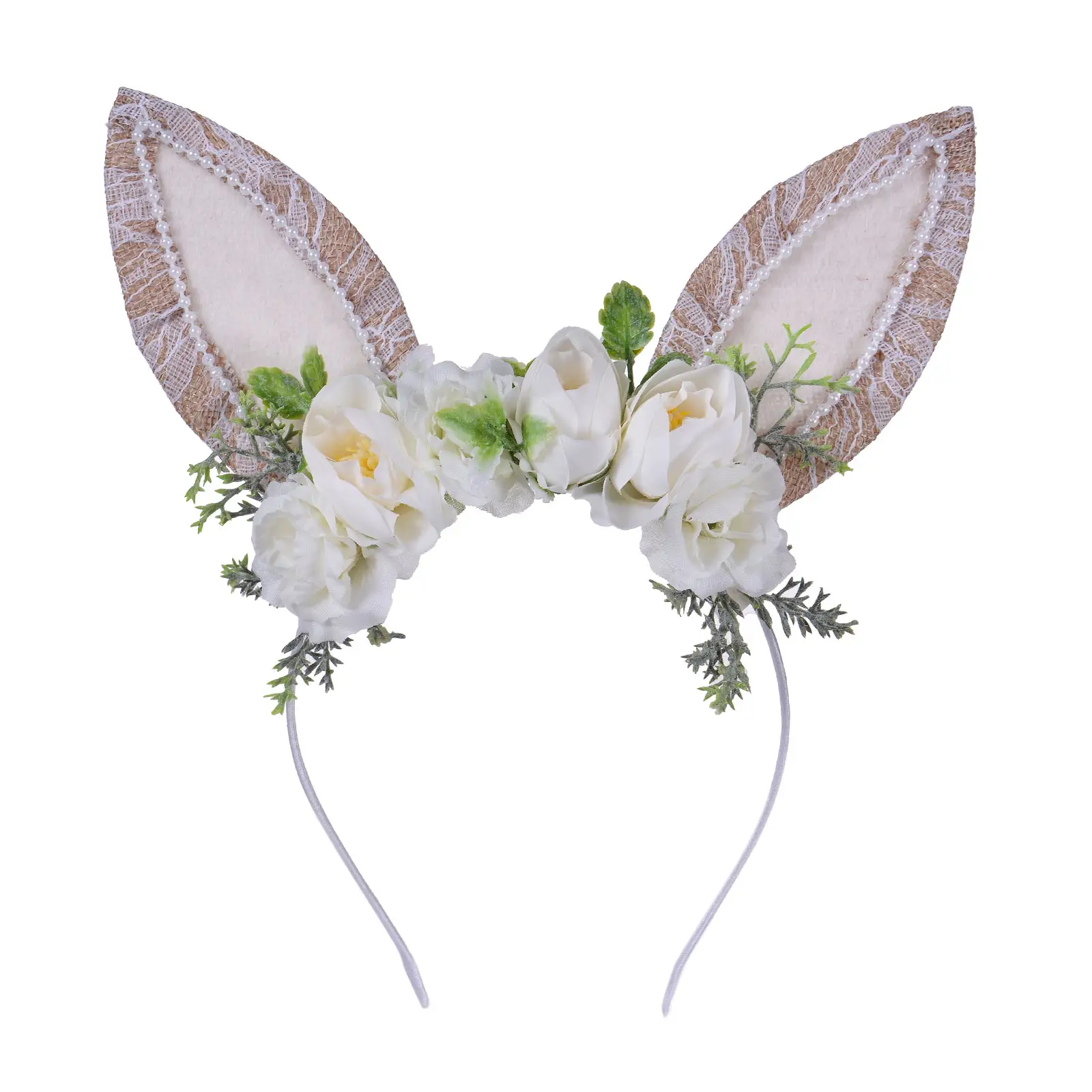 QIUHAN Spring Woodland Flower Fairy Rabbit Hairband Easter Floral Bunny Ears fascia per capelli