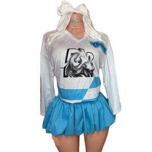 Conjunto de 3 piezas para mujer, Camiseta deportiva de manga larga con cuello en V + horquilla con pajarita + faldas de burbujas, trajes casuales elásticos a juego - Product Image 2