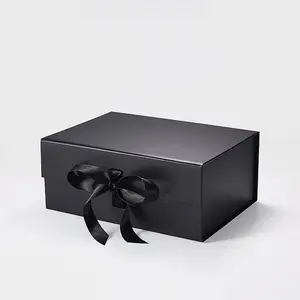صندوق هدايا بشريط يُخصص حسب الطلب مضاد للخدش ومبطن أسود مسطح قابل للطي وإغلاق ممغنط