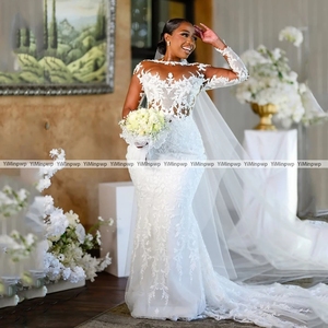 <span class=keywords><strong>Abiti</strong></span> da Sposa di Lusso Stile Sirena con Applicazioni Africane, Maniche Lunghe, Tulle Aso Ebi, Vestiti da Sposa Personalizzabili - Product Image 3