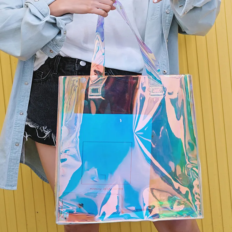 Bolso de compras Bolsa de compras Evento de fiesta de boda Regalo de cumpleaños Bolsa de mano de arco iris láser personalizada Bolsa de compras iridiscente de PVC holográfica